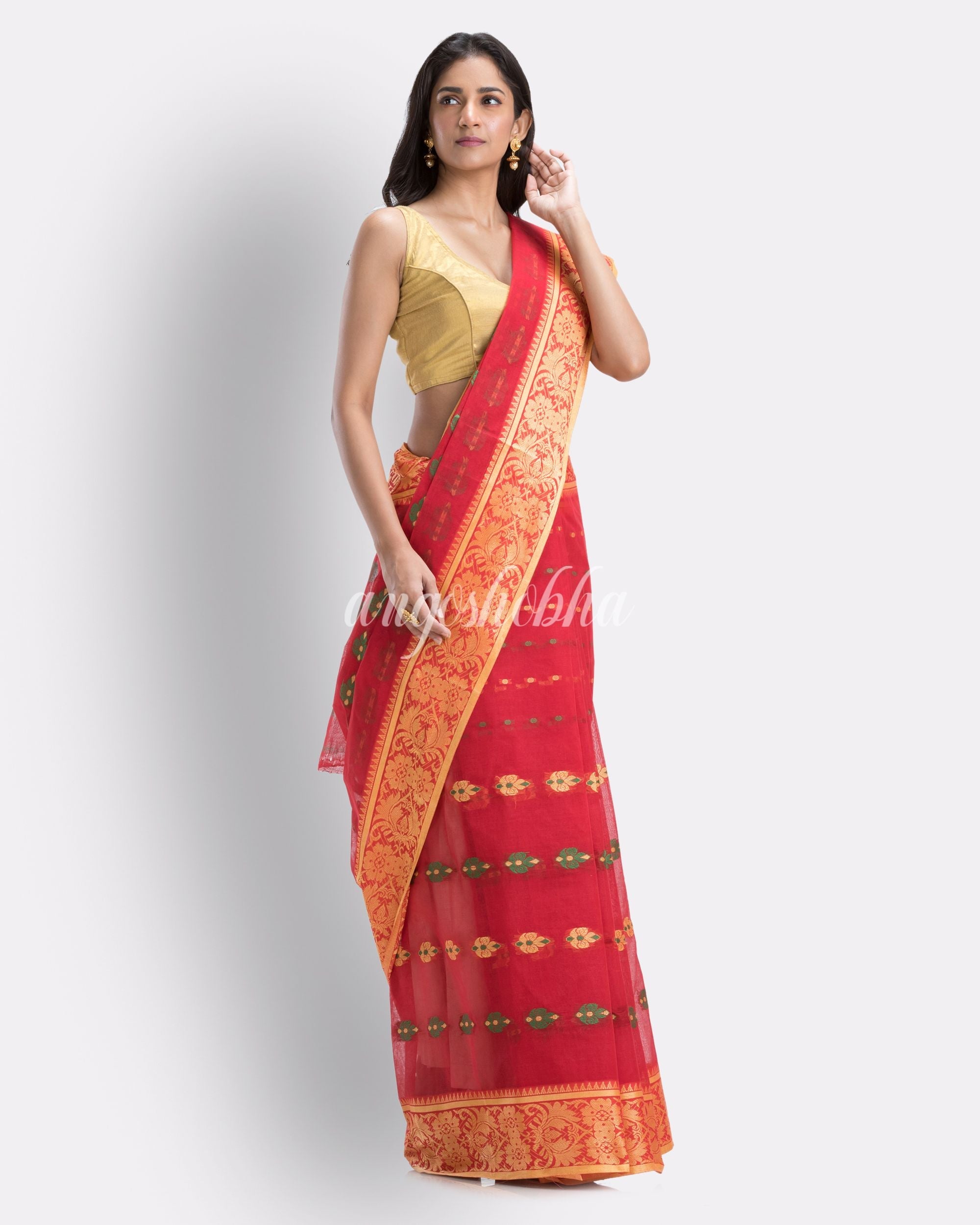 Indian Women Red Tant Cotton Saree angoshobha