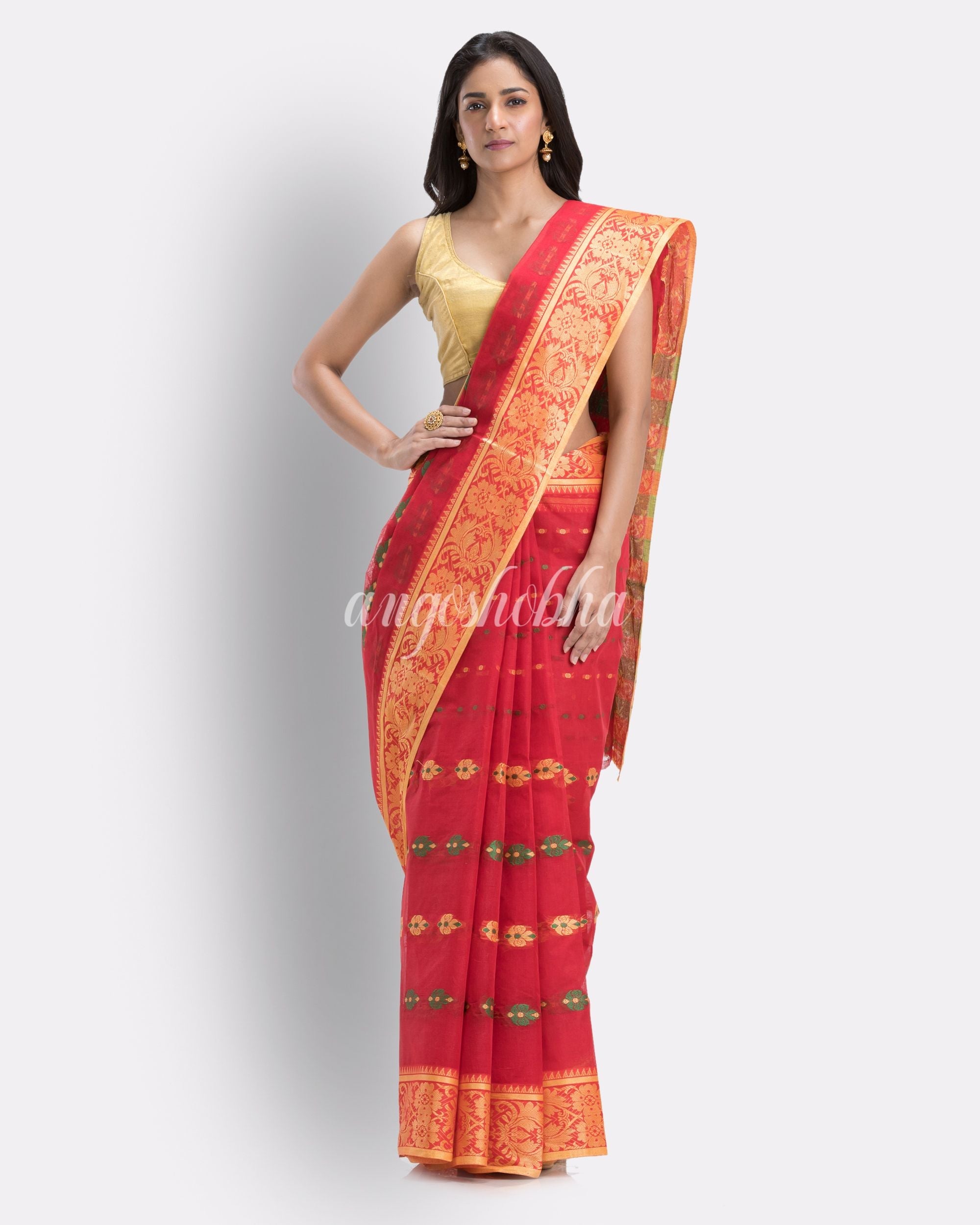 Indian Women Red Tant Cotton Saree angoshobha