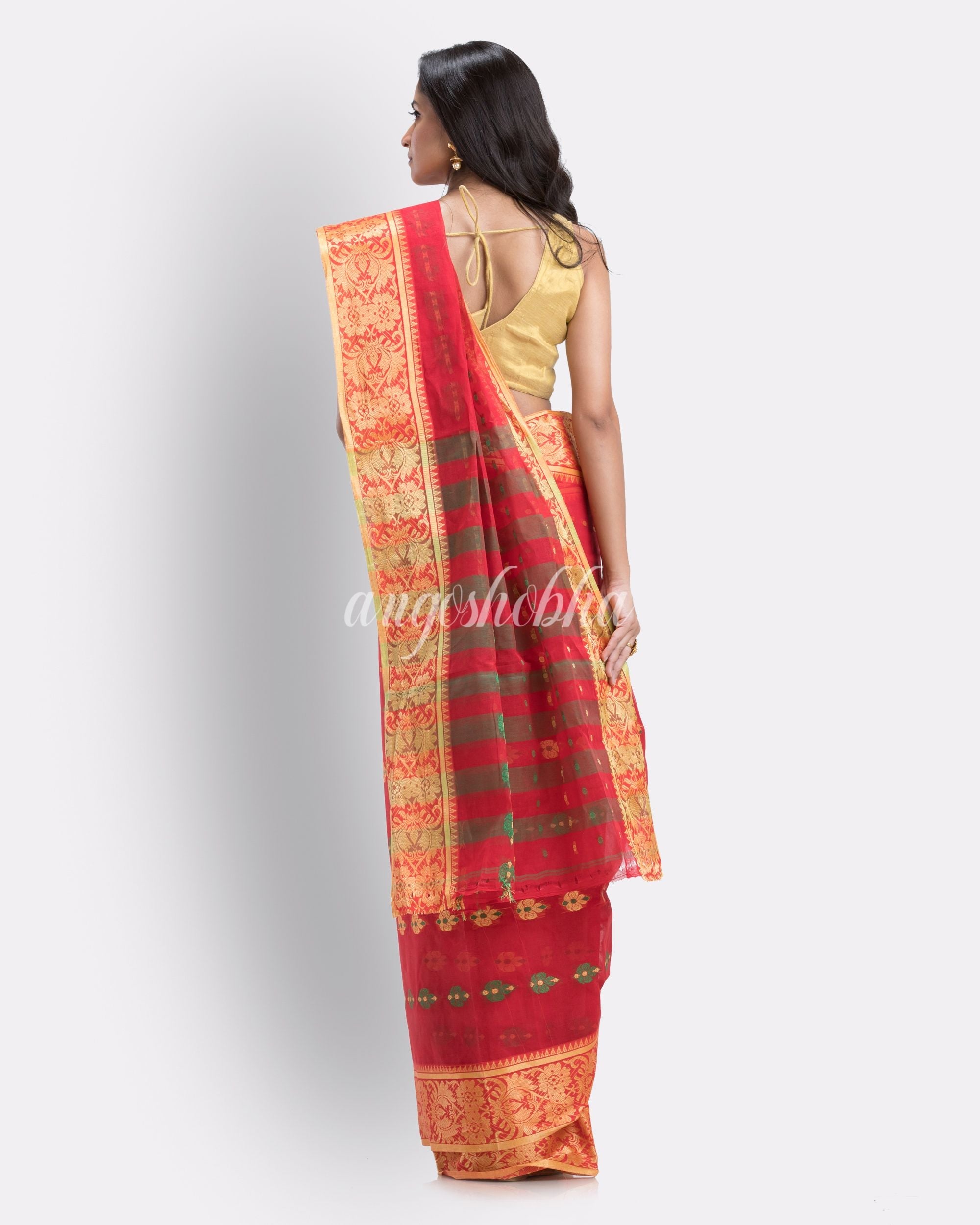 Indian Women Red Tant Cotton Saree angoshobha