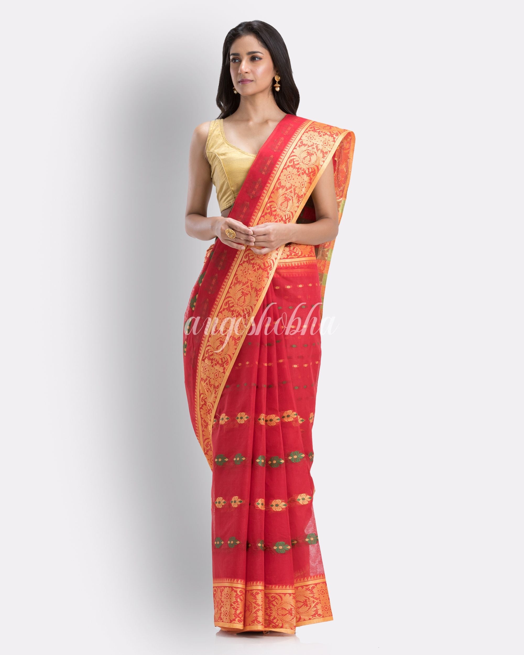 Indian Women Red Tant Cotton Saree angoshobha