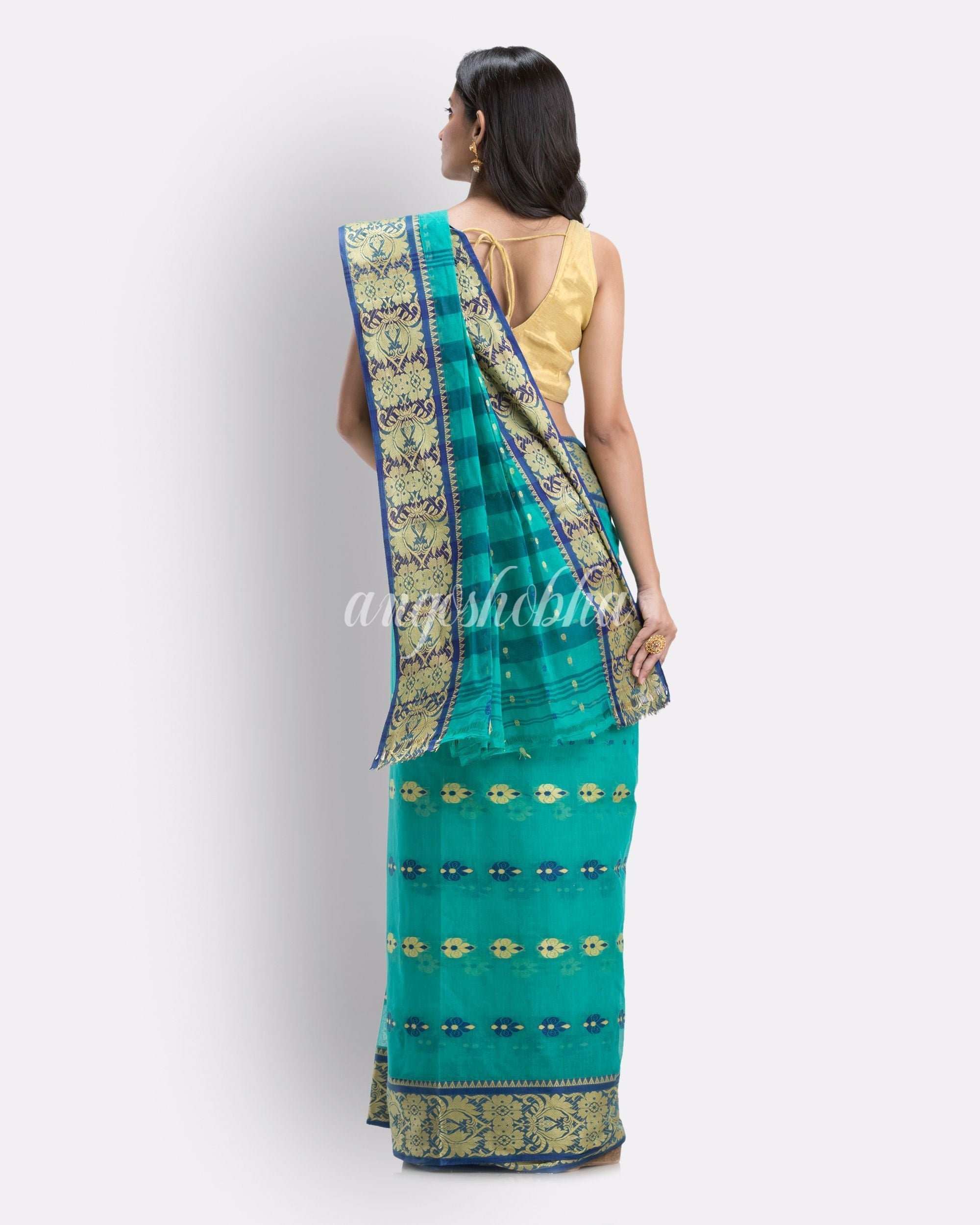 Indian Women Turquoise Tant Cotton Saree angoshobha