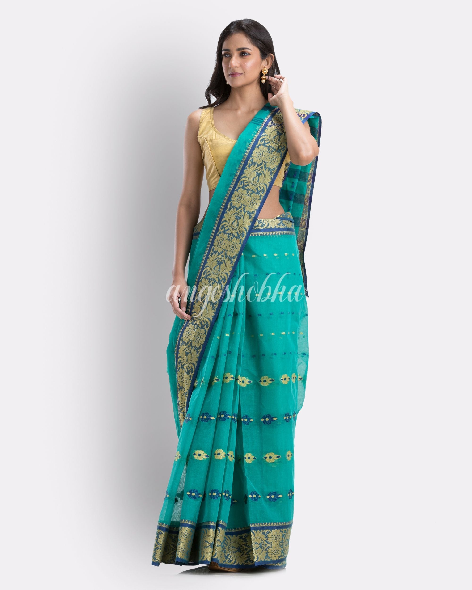 Indian Women Turquoise Tant Cotton Saree angoshobha