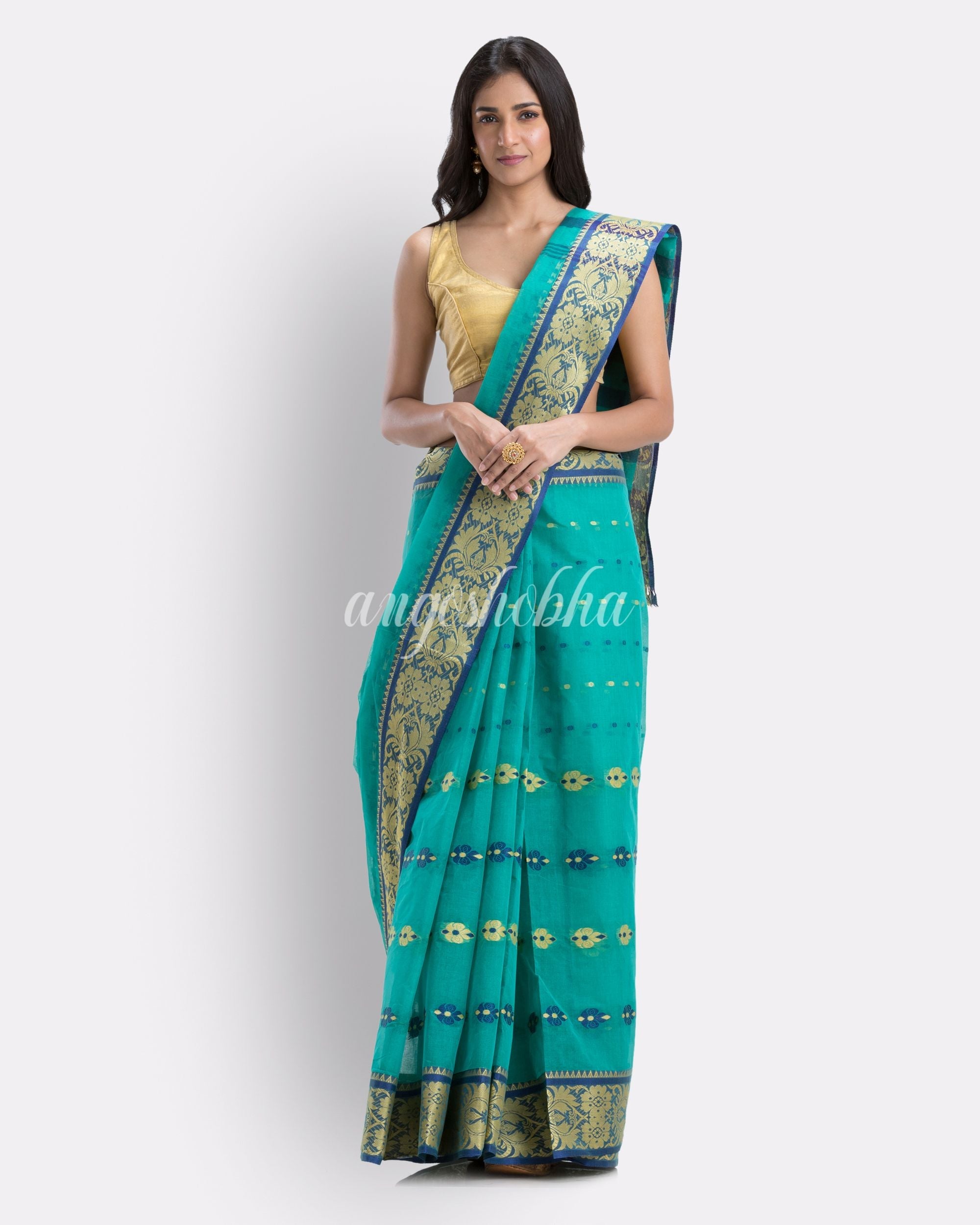 Indian Women Turquoise Tant Cotton Saree angoshobha