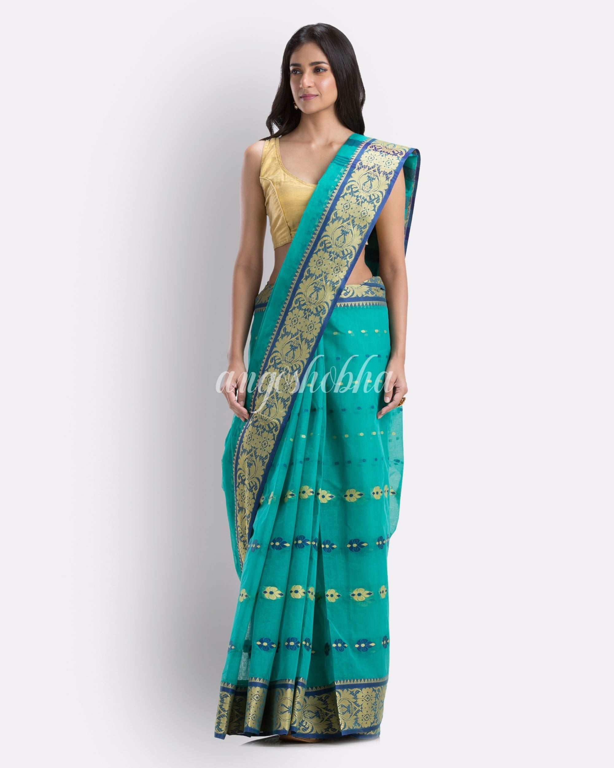 Indian Women Turquoise Tant Cotton Saree angoshobha