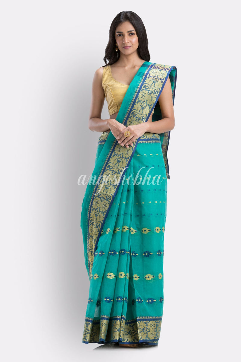 Indian Women Turquoise Tant Cotton Saree