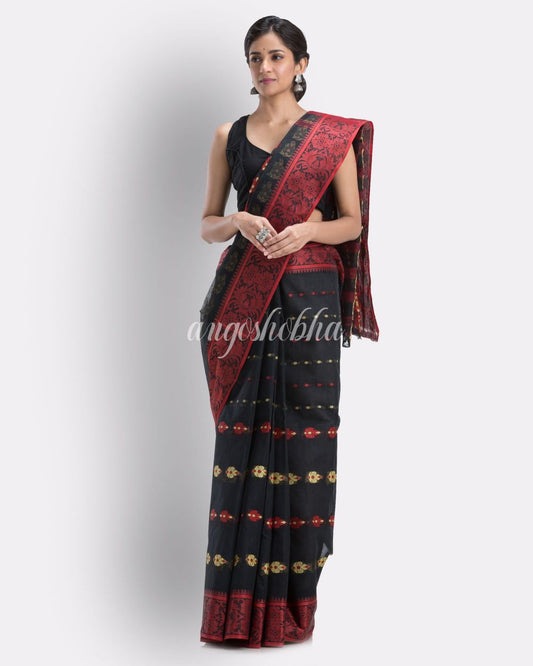 Indian women black tant cotton saree angoshobha