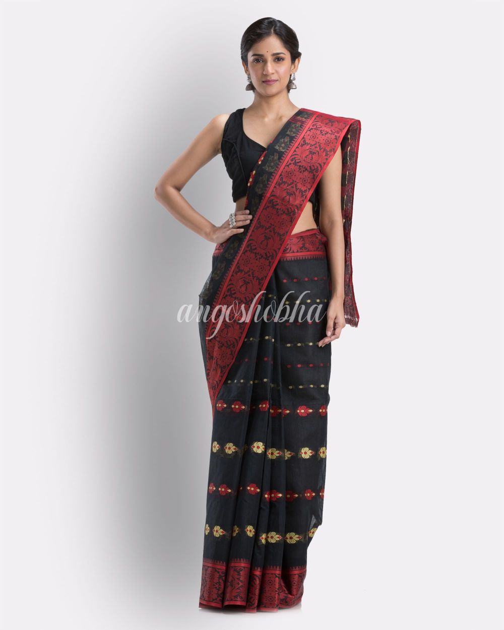 Indian women black tant cotton saree angoshobha