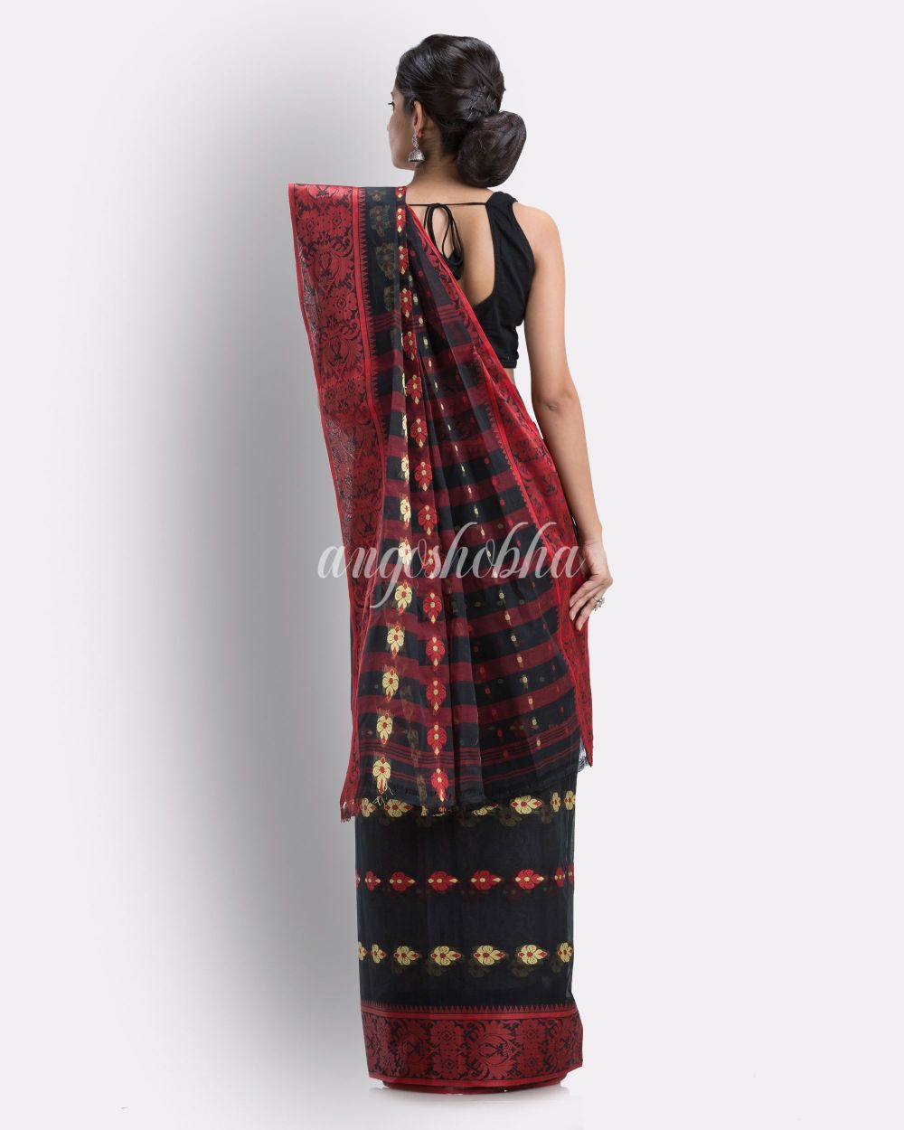 Indian women black tant cotton saree angoshobha