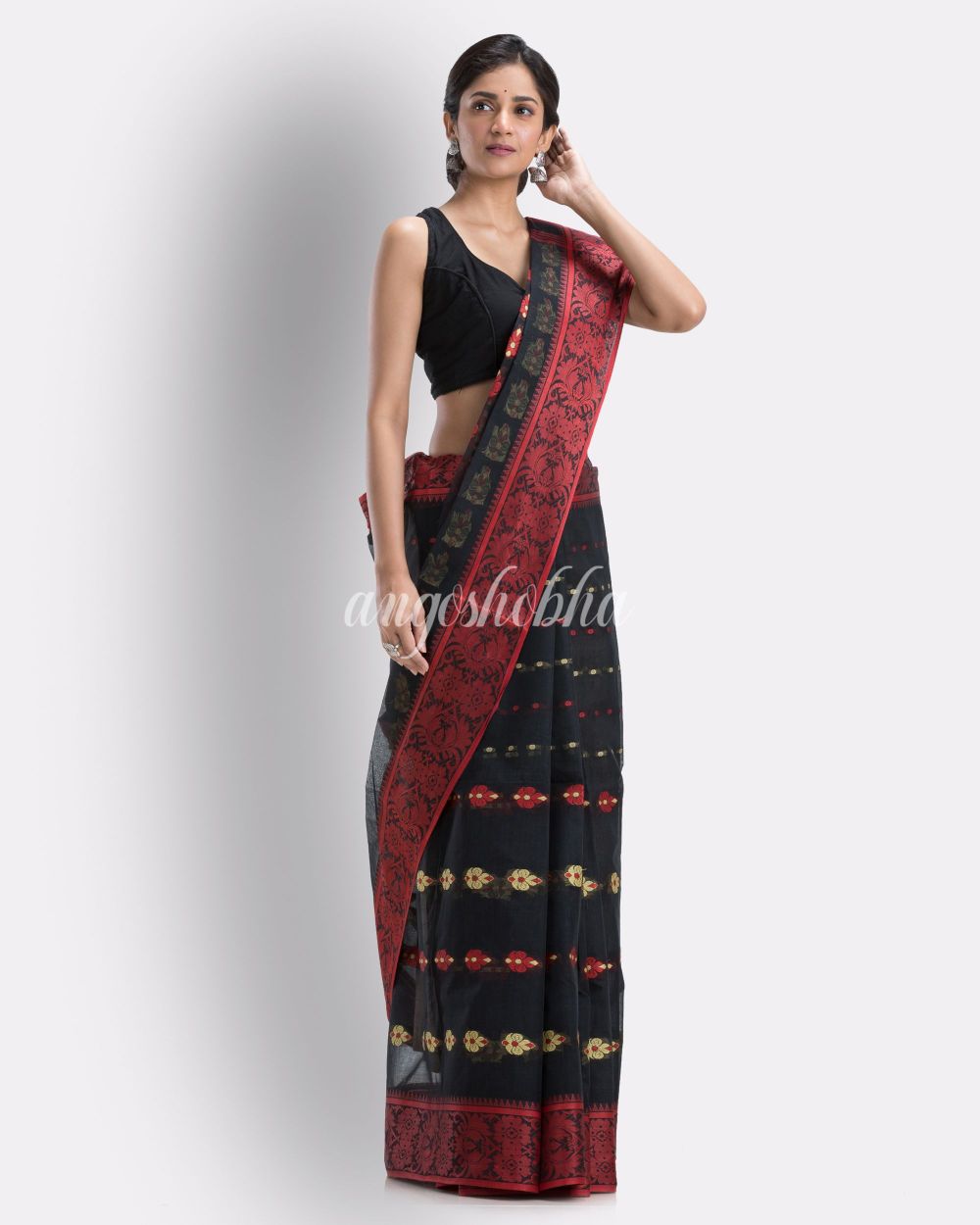 Indian women black tant cotton saree angoshobha