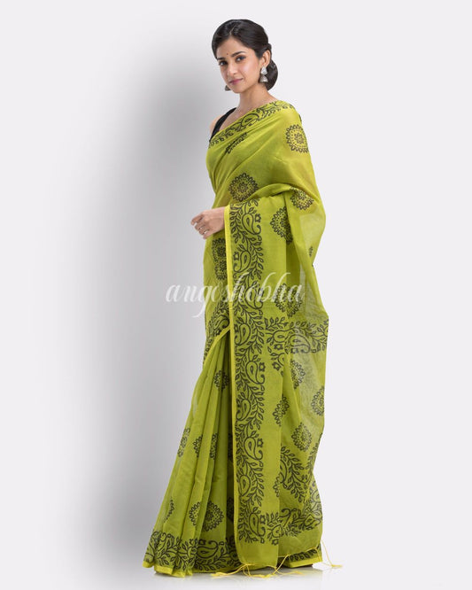 Indian women olive festive cotton blend saree angoshobha