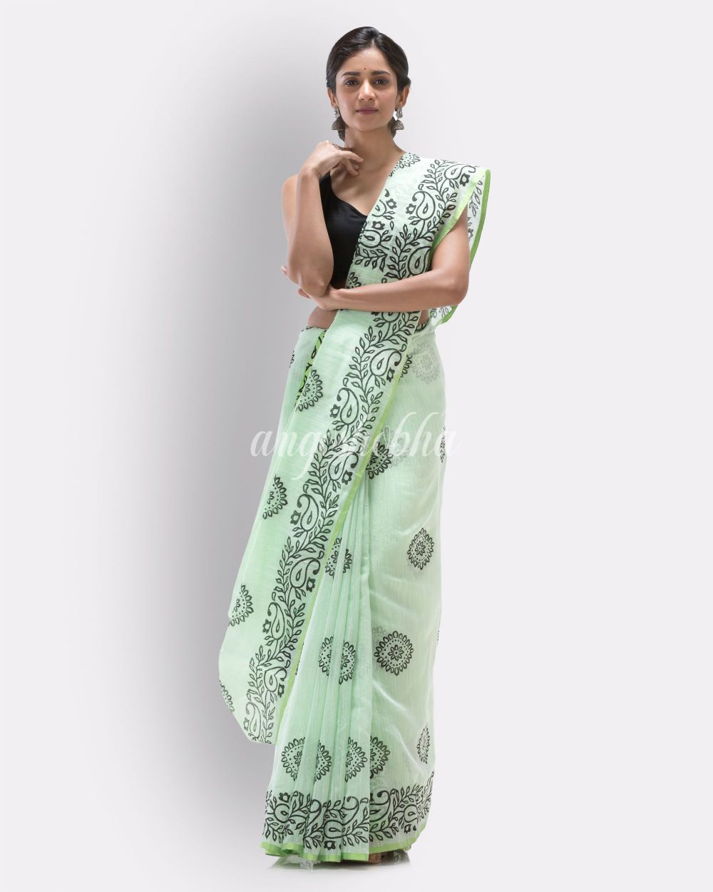 Indian women pale green festive cotton blend saree angoshobha
