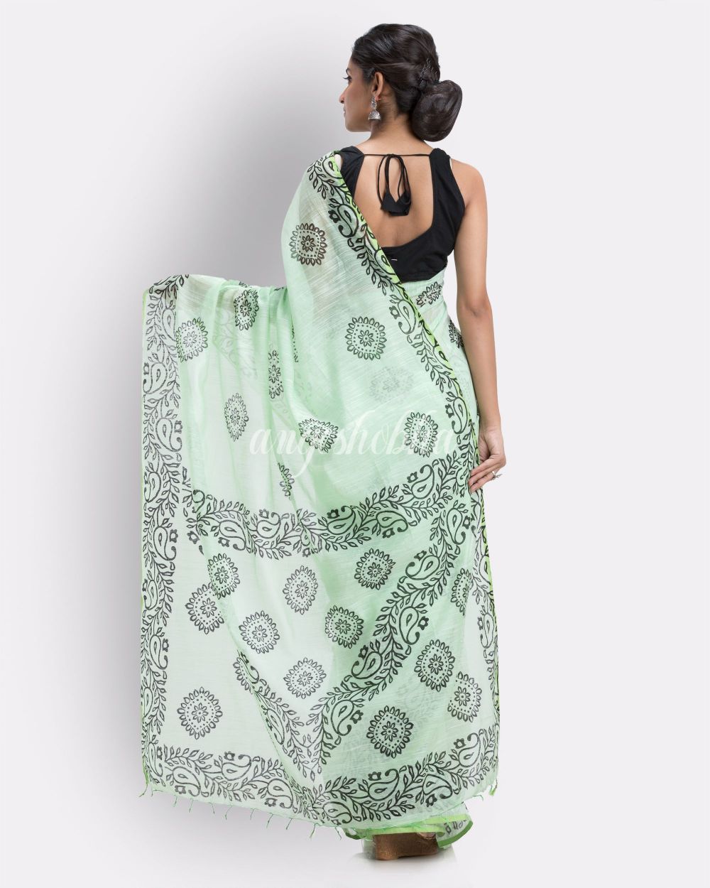 Indian women pale green festive cotton blend saree angoshobha