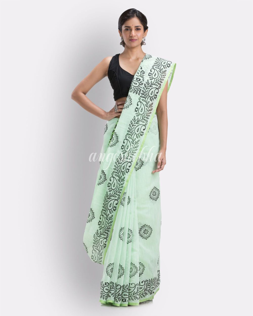 Indian women pale green festive cotton blend saree angoshobha