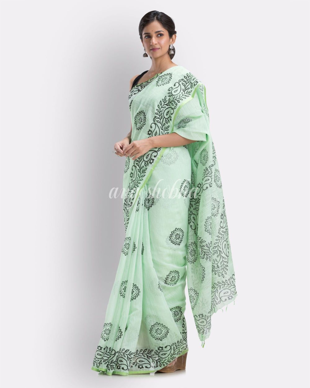Indian women pale green festive cotton blend saree angoshobha