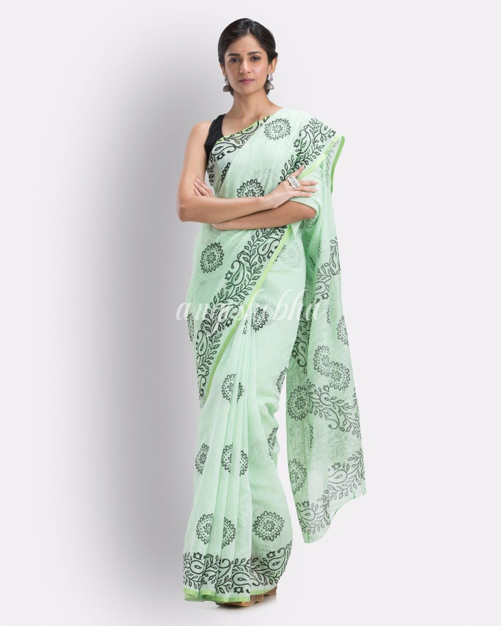 Indian women pale green festive cotton blend saree angoshobha