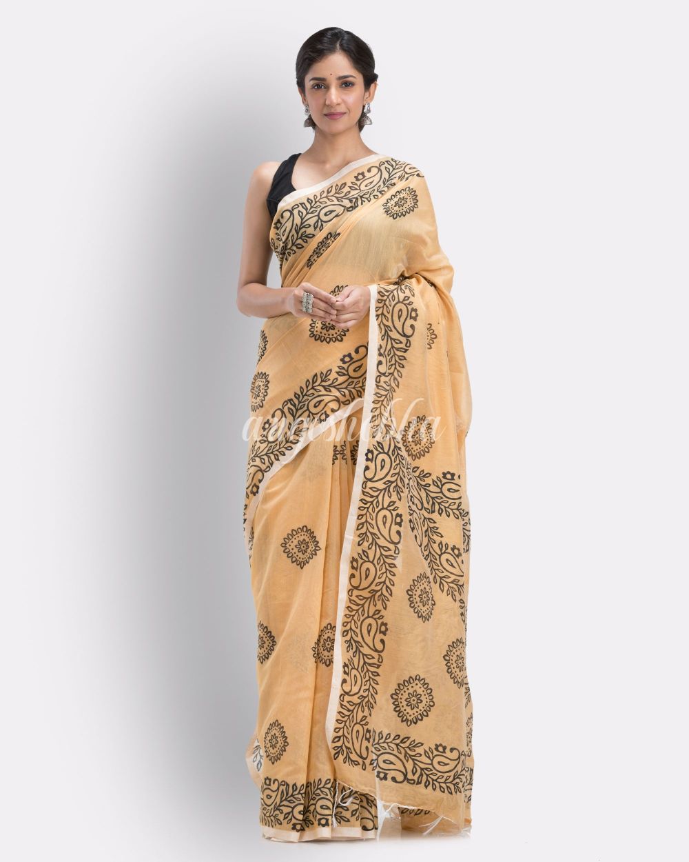 Indian women peach festive cotton blend saree angoshobha