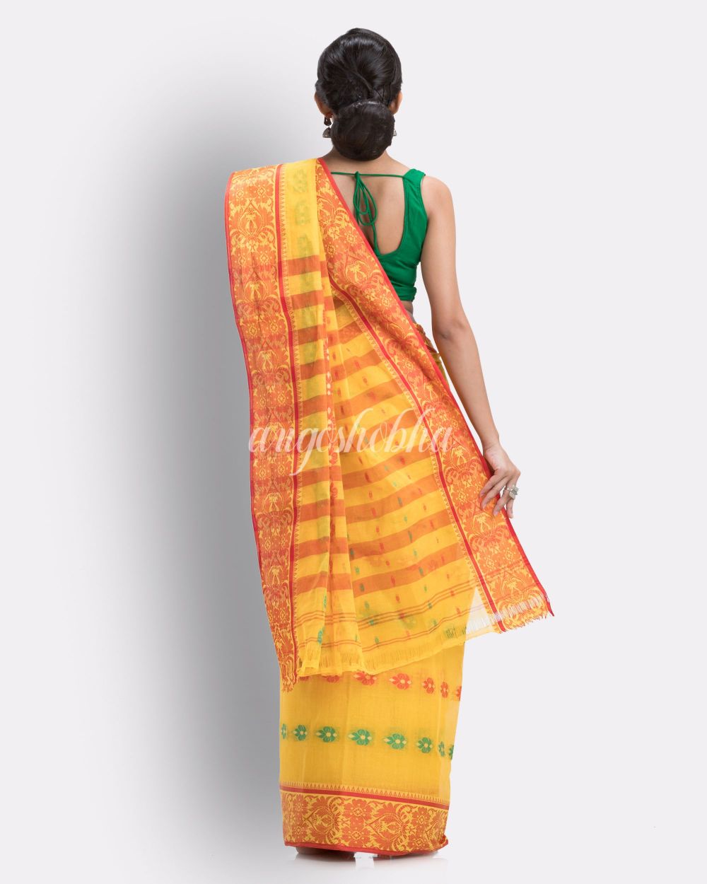 Indian women yellow tant cotton saree angoshobha
