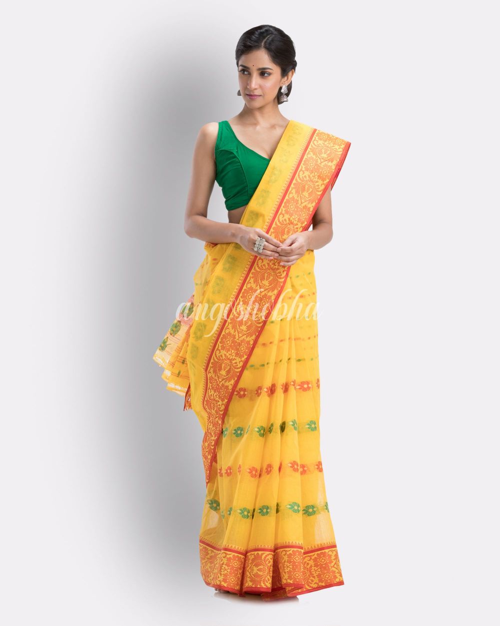 Indian women yellow tant cotton saree angoshobha