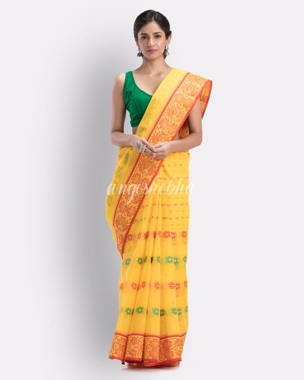 Indian women yellow tant cotton saree angoshobha