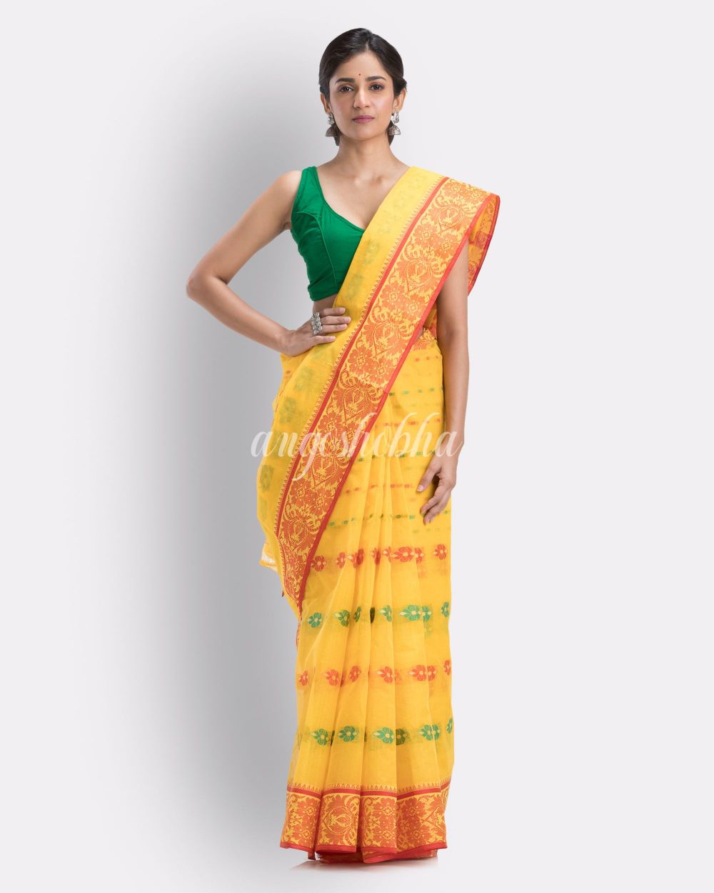 Indian women yellow tant cotton saree angoshobha