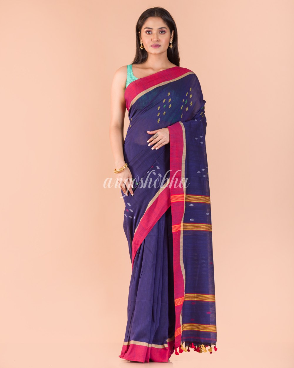 Indigo Cotton Jamdani Saree angoshobha