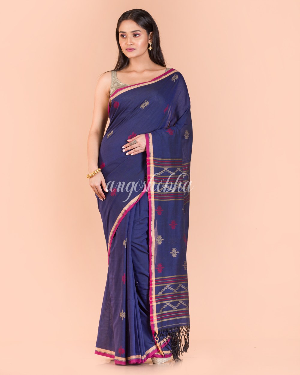 Indigo Cotton Jamdani Saree angoshobha