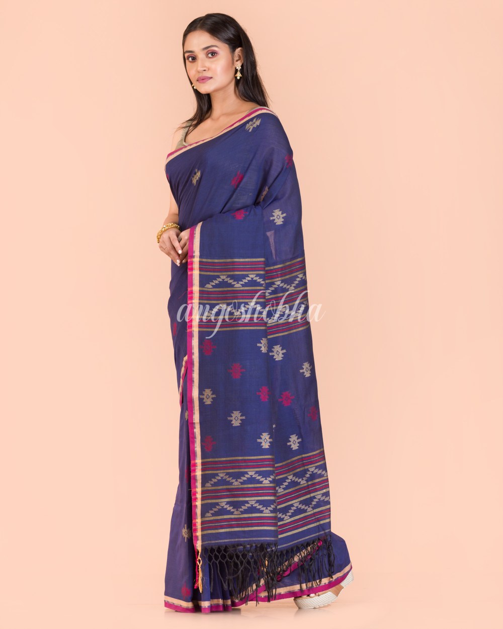 Indigo Cotton Jamdani Saree angoshobha