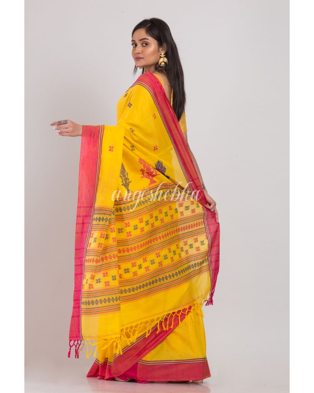 Khadi Cotton Yellow Handloom Saree angoshobha