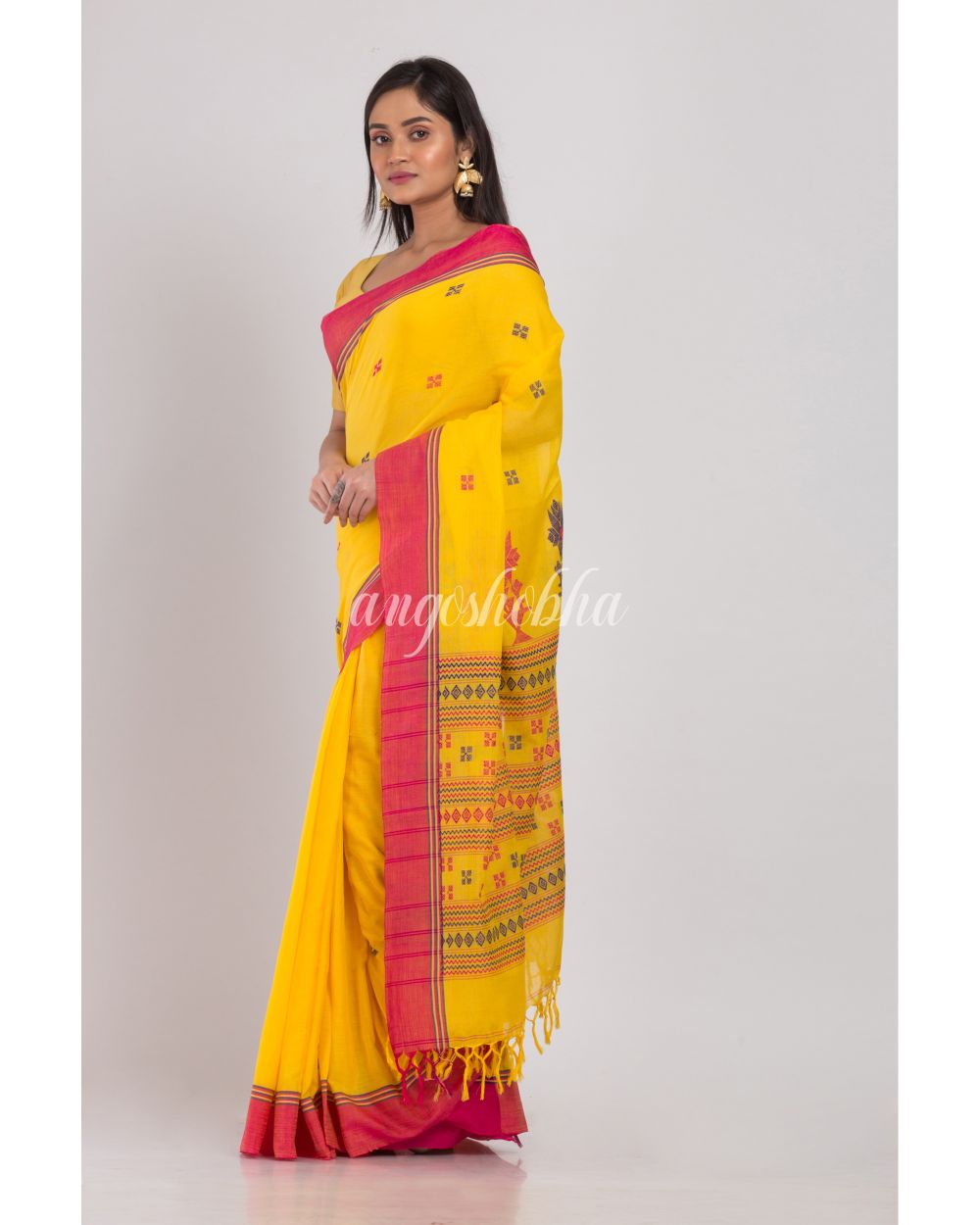 Khadi Cotton Yellow Handloom Saree angoshobha