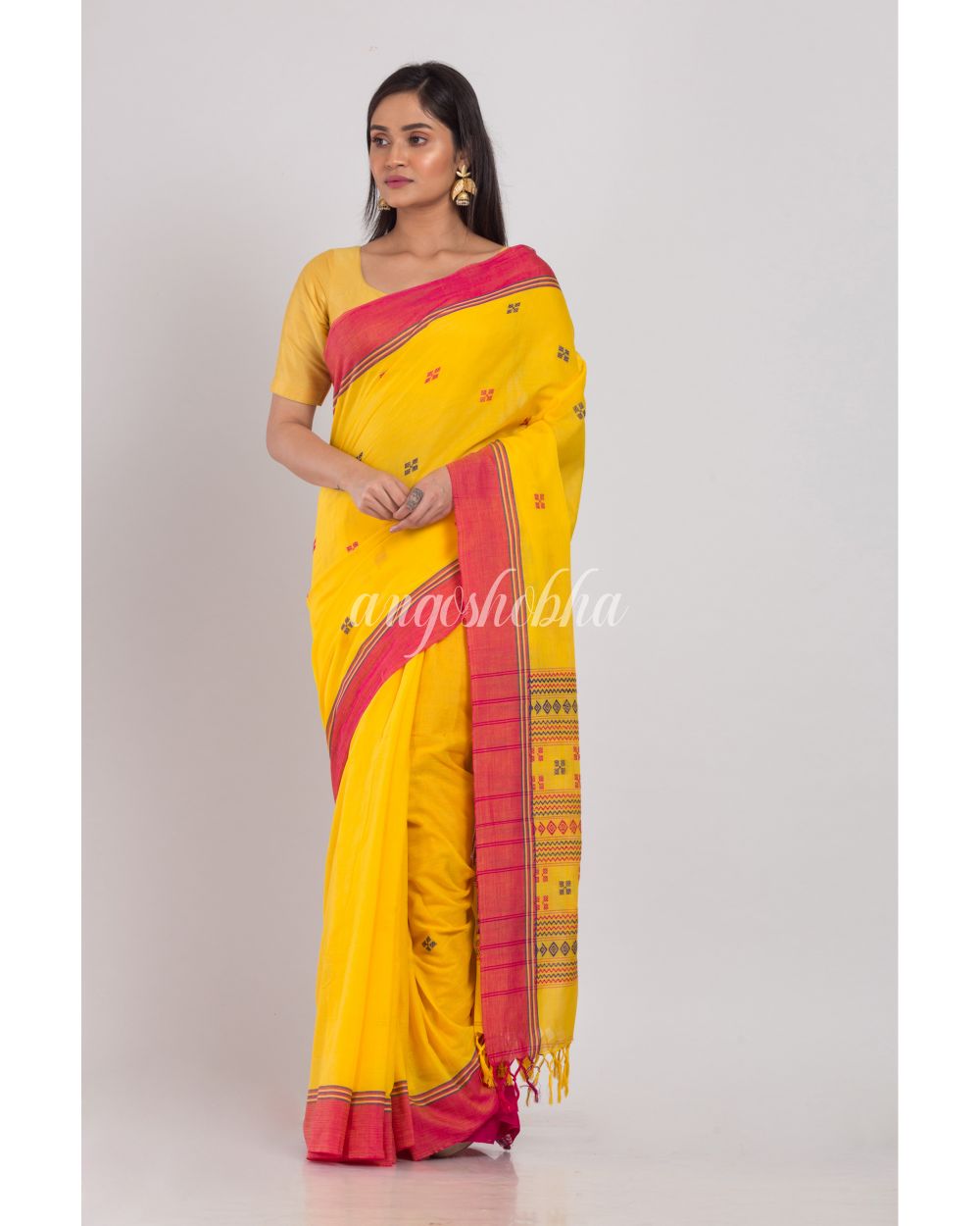 Khadi Cotton Yellow Handloom Saree angoshobha