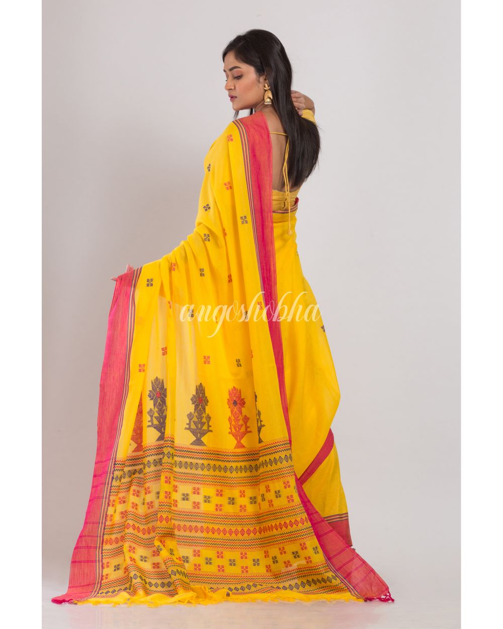Khadi Cotton Yellow Handloom Saree angoshobha