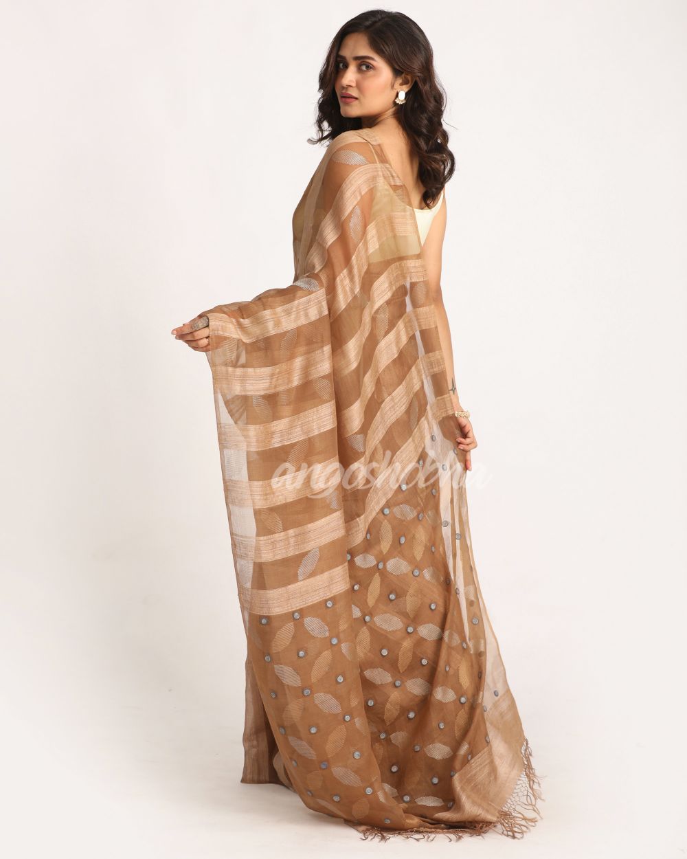 Khaki Matka Silk Handloom Traditional Sequin Jamdani Saree angoshobha