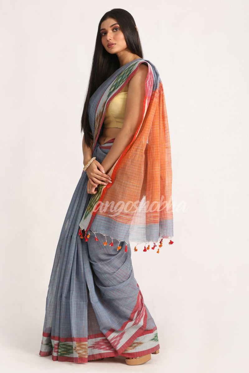 Kotki Border Deep Grey Cotton Blend Handloom Saree