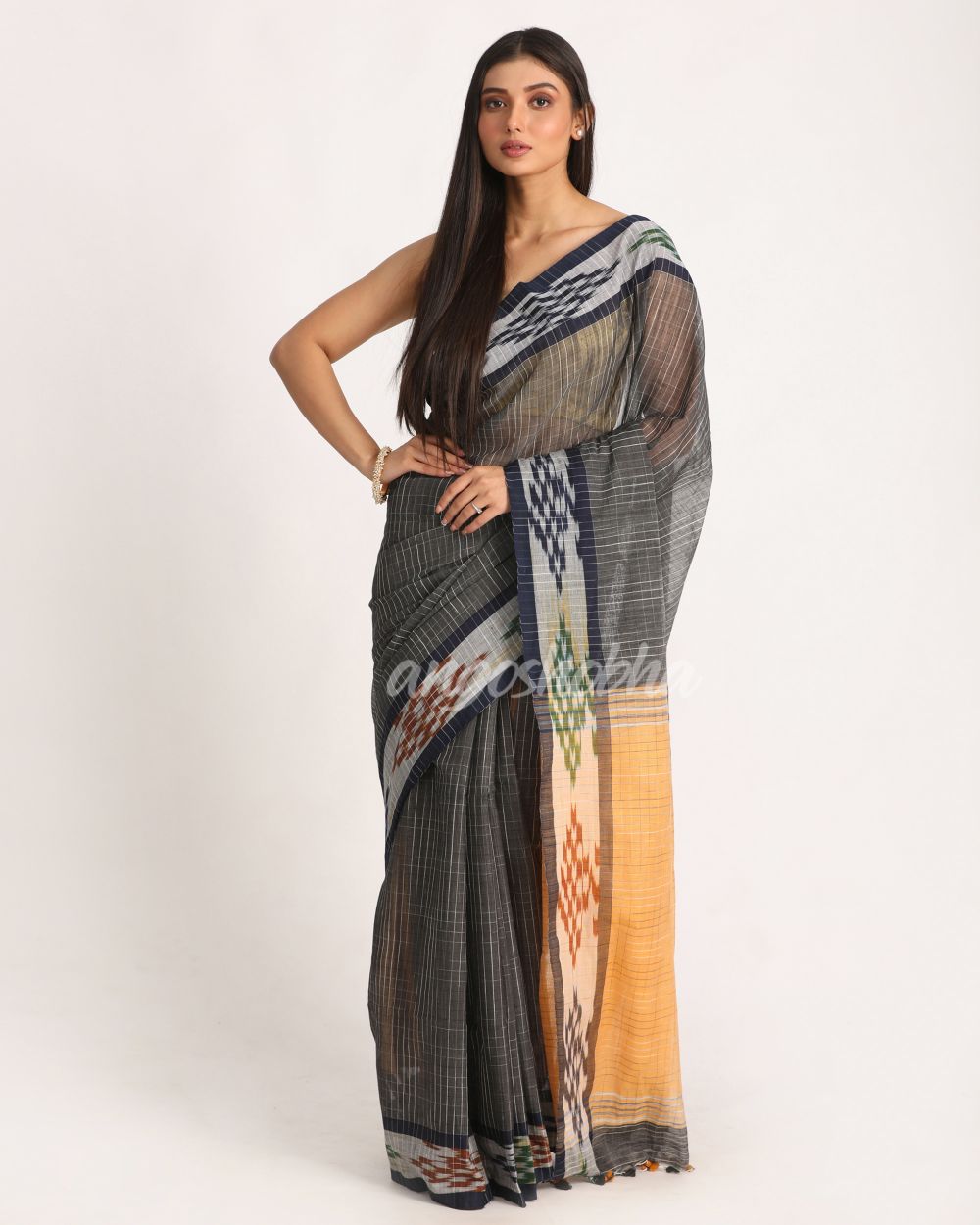 Kotki Border Deep Grey Cotton Blend Handloom Saree angoshobha