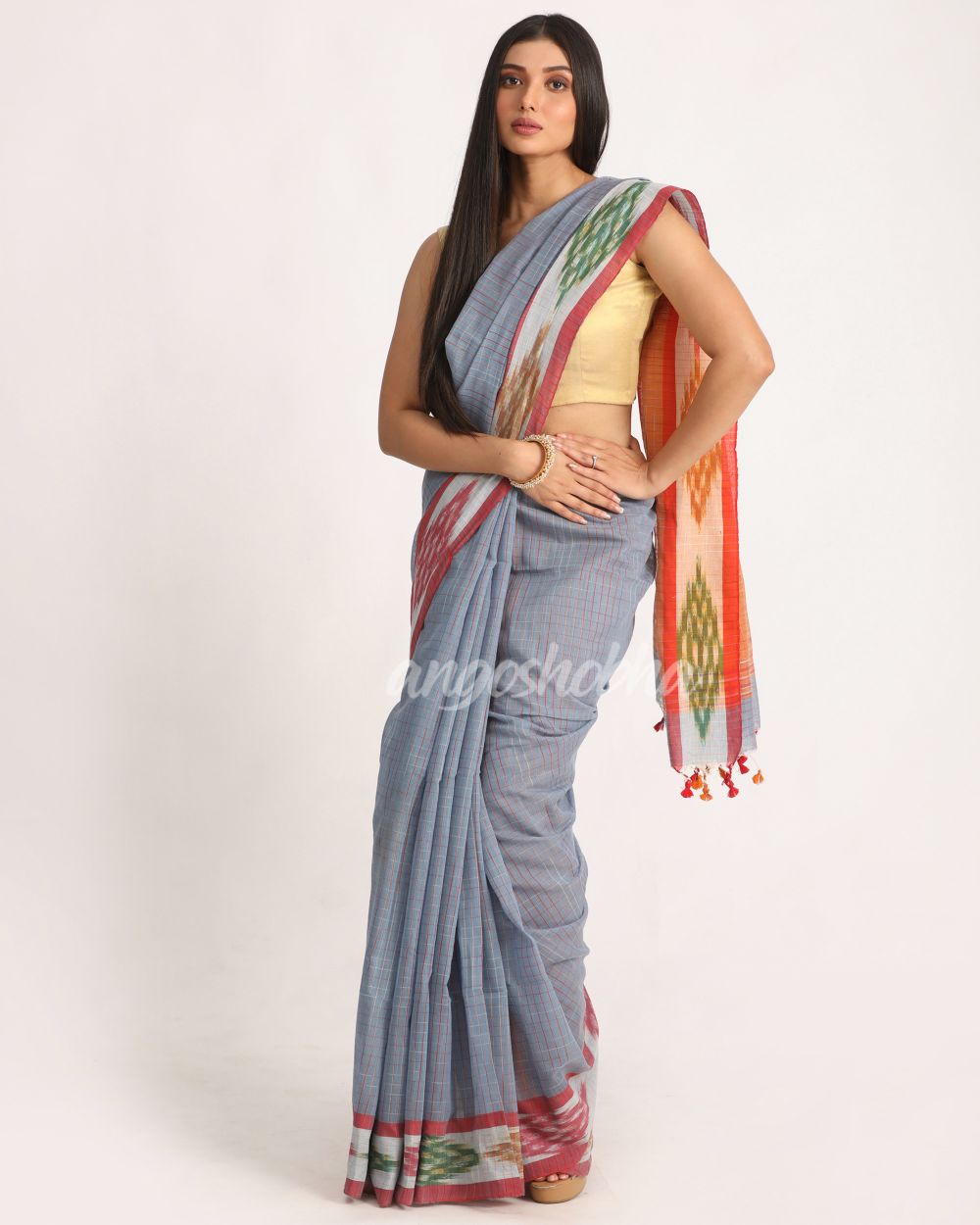 Kotki Border Deep Grey Cotton Blend Handloom Saree angoshobha
