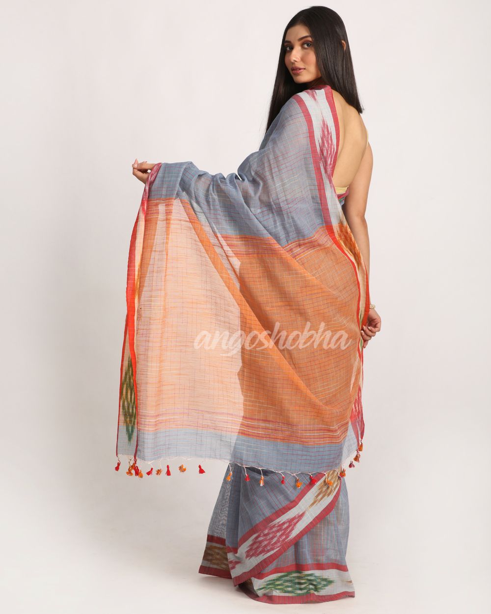 Kotki Border Deep Grey Cotton Blend Handloom Saree angoshobha