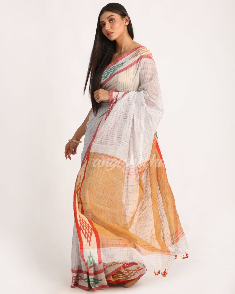 Kotki Border Ice Blue Cotton Blend Handloom Saree angoshobha