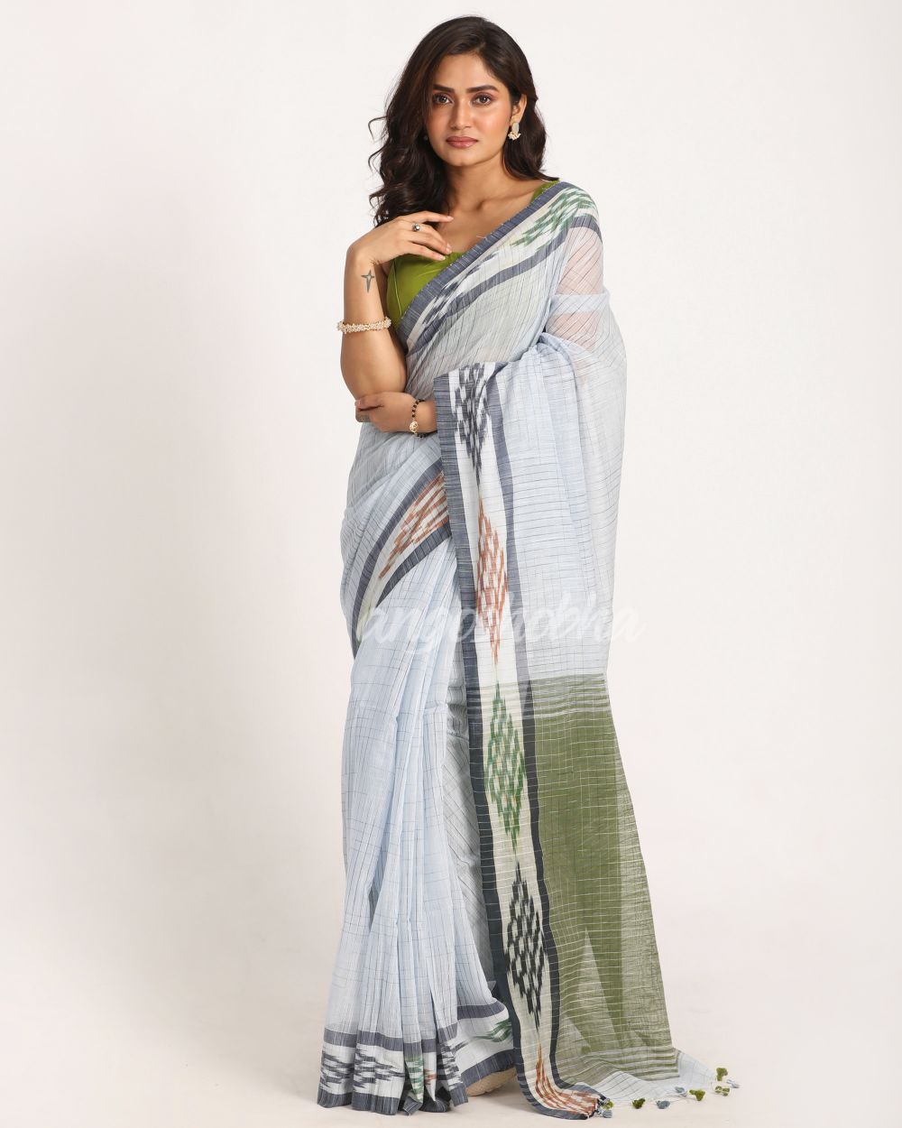 Kotki Border Light Blue Cotton Blend Handloom Saree angoshobha