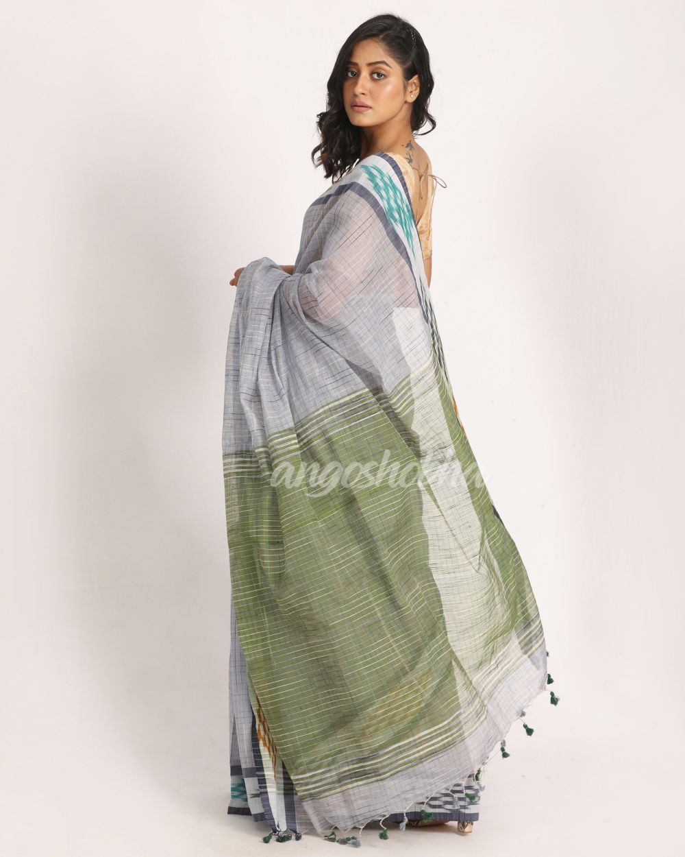 Kotki Border Sky Blue Cotton Blend Handloom Saree angoshobha