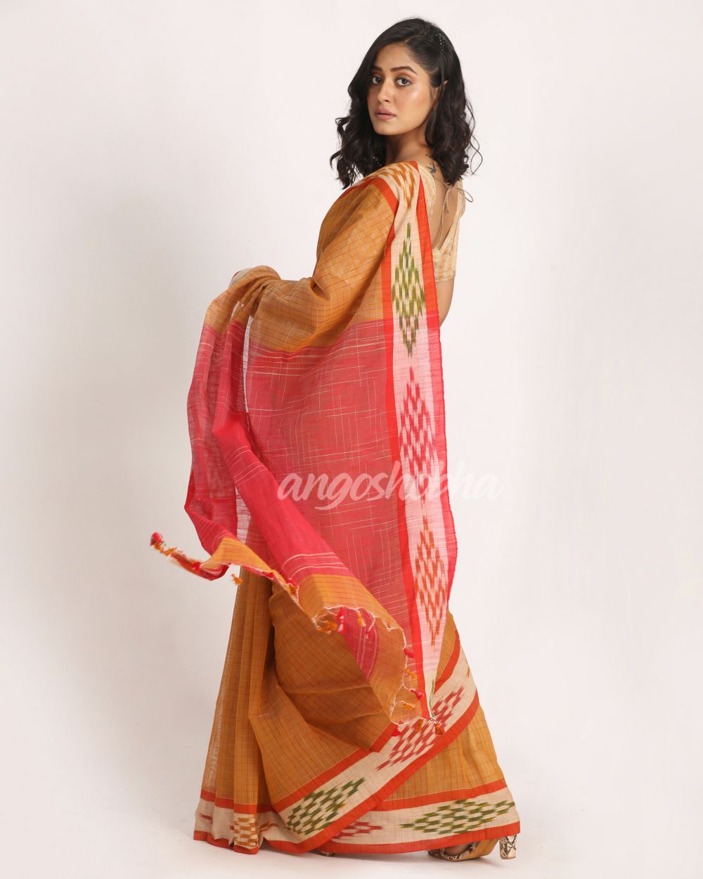 Kotki Border Yellow Orange Cotton Blend Handloom Saree angoshobha