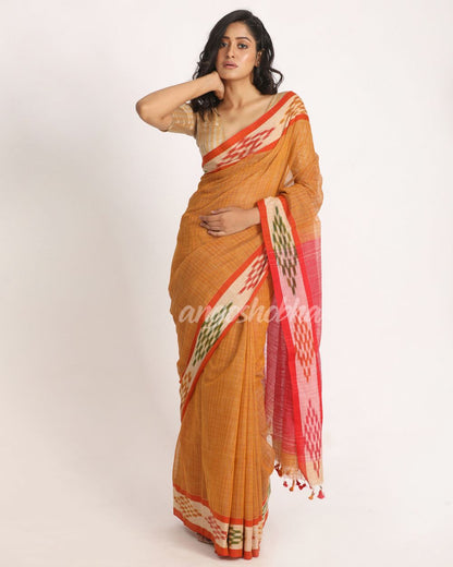 Kotki Border Yellow Orange Cotton Blend Handloom Saree angoshobha