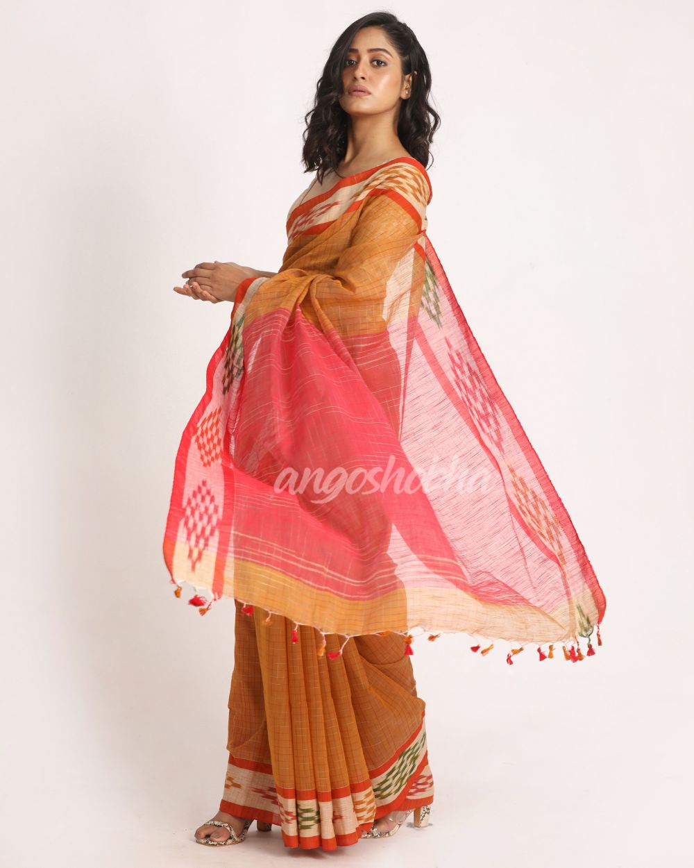 Kotki Border Yellow Orange Cotton Blend Handloom Saree angoshobha