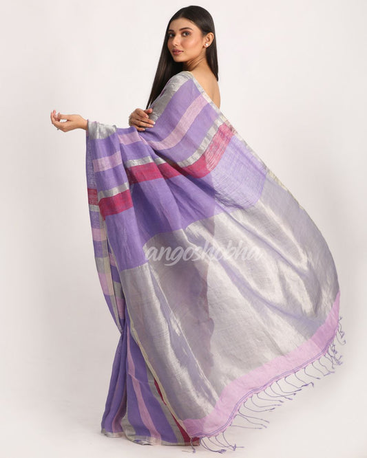 Lavender Traditional Handloom Check Linen Saree angoshobha