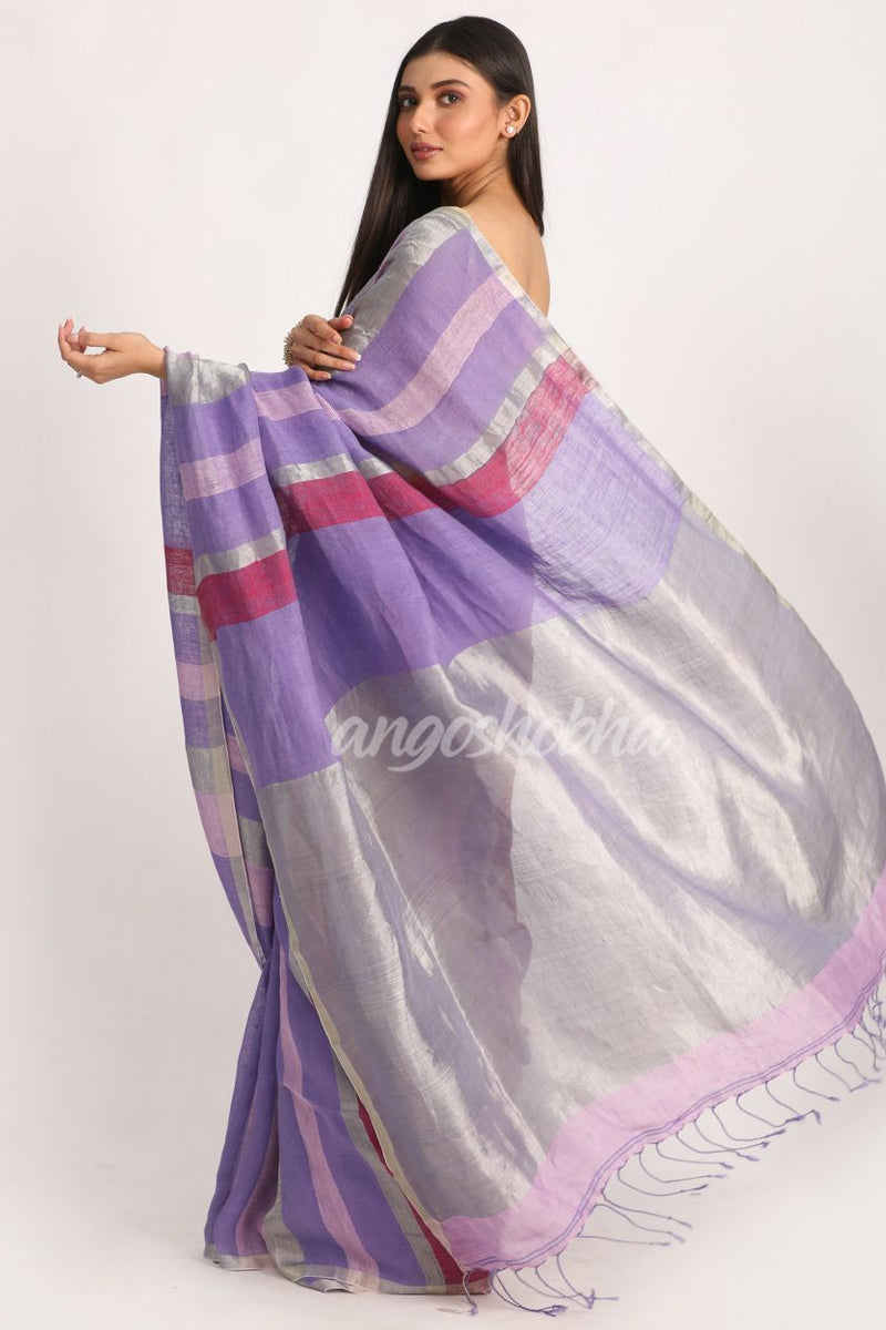 Lavender Traditional Handloom Check Linen Saree