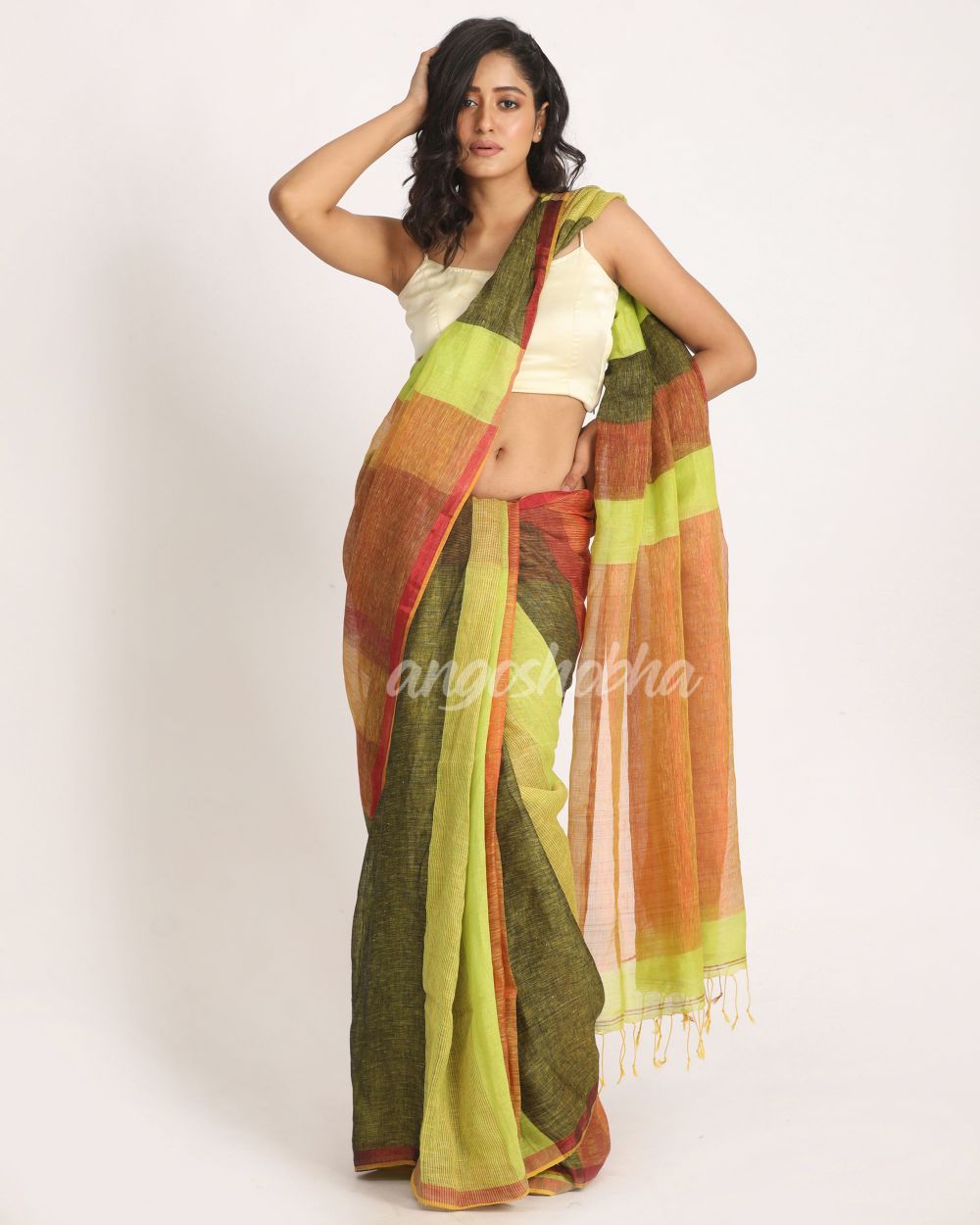 Lemon Black Traditional Handloom Check Linen Saree angoshobha