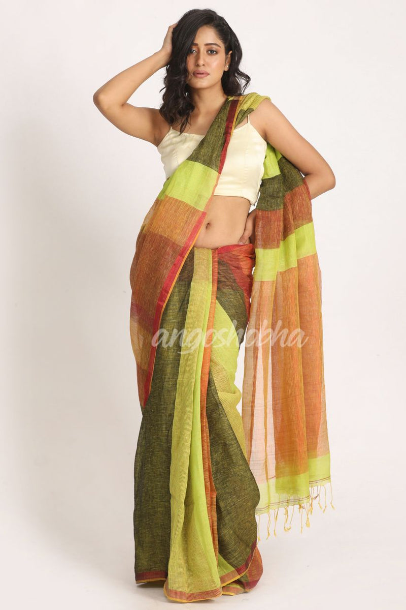 Lemon Black Traditional Handloom Check Linen Saree