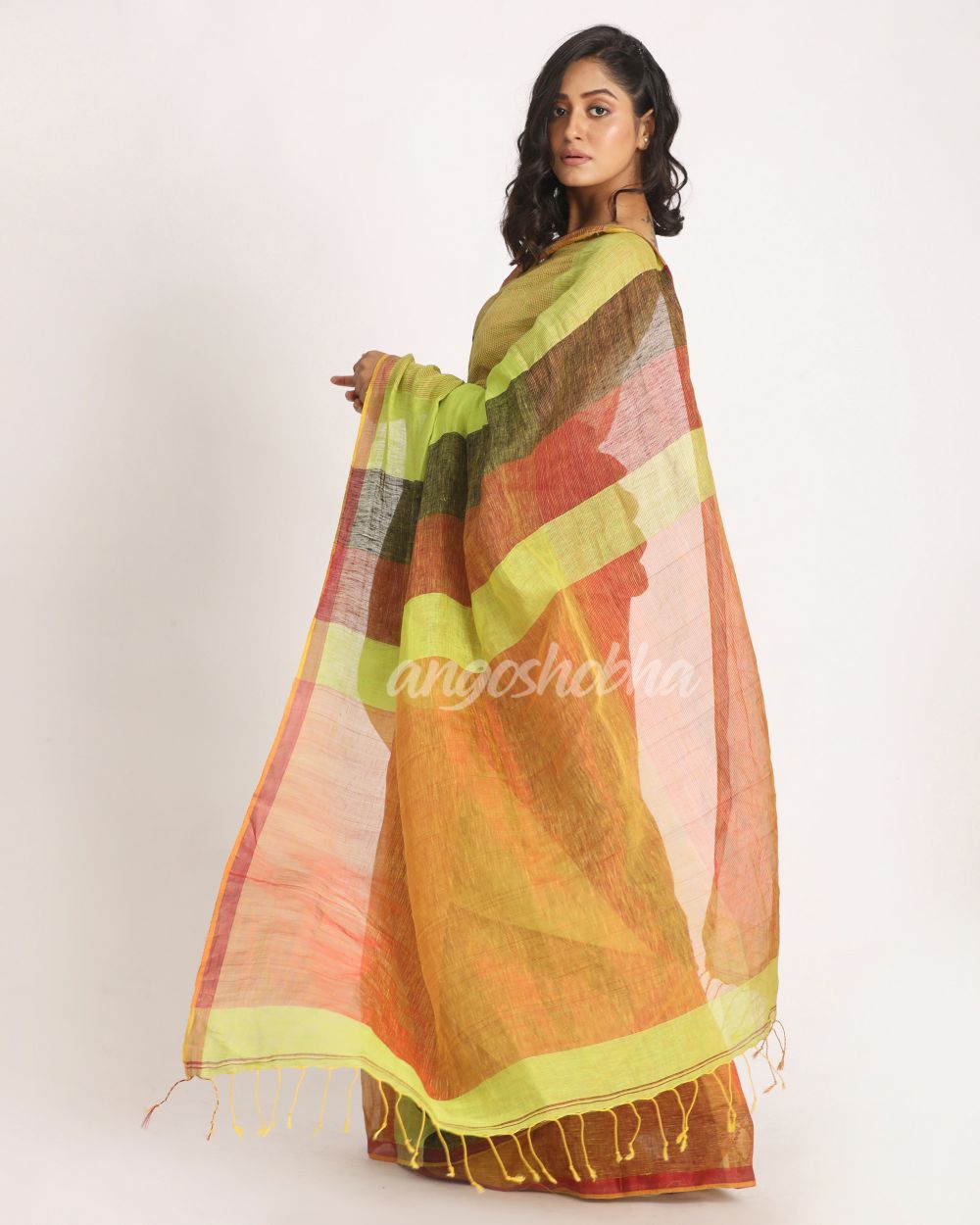 Lemon Black Traditional Handloom Check Linen Saree angoshobha