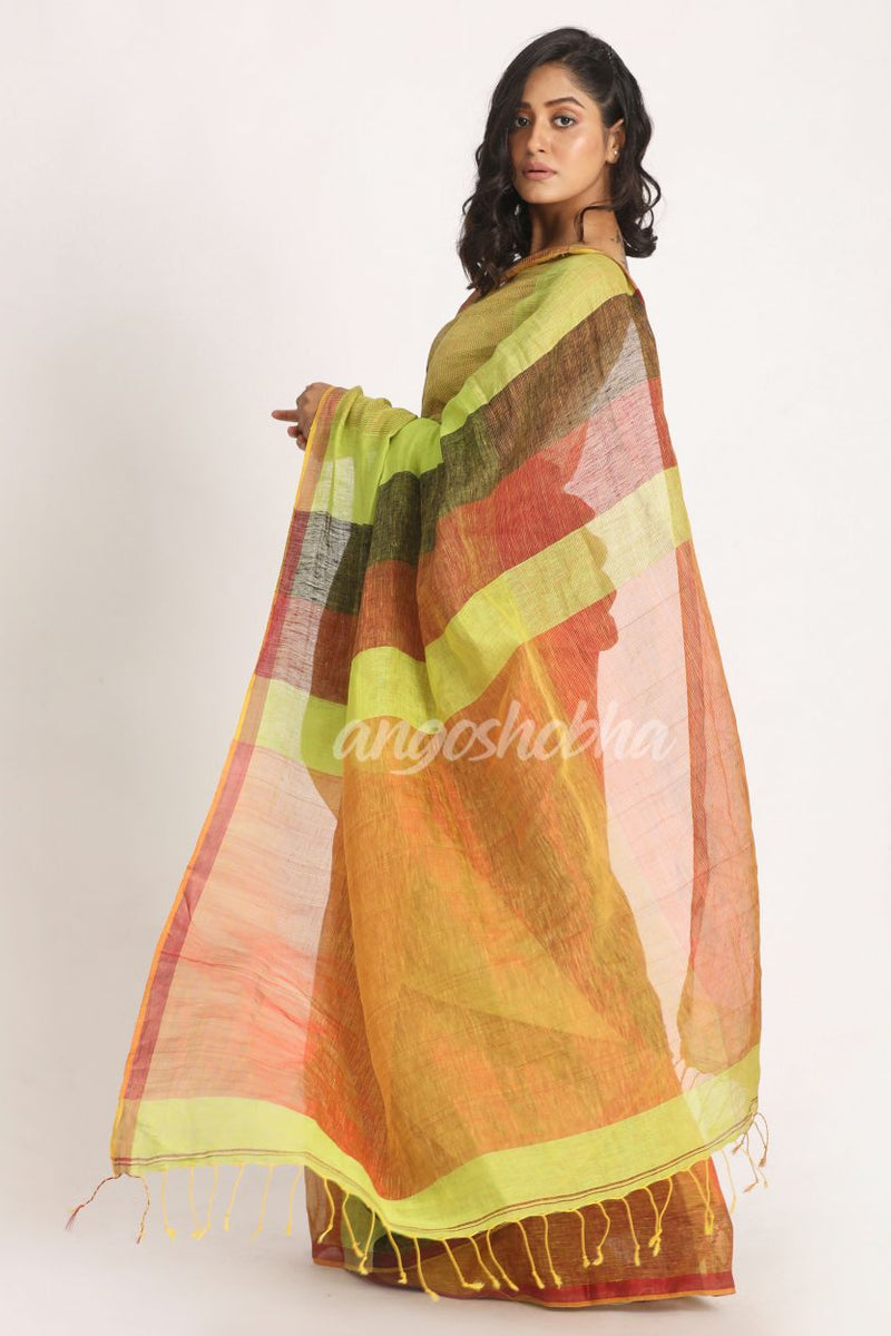 Lemon Black Traditional Handloom Check Linen Saree