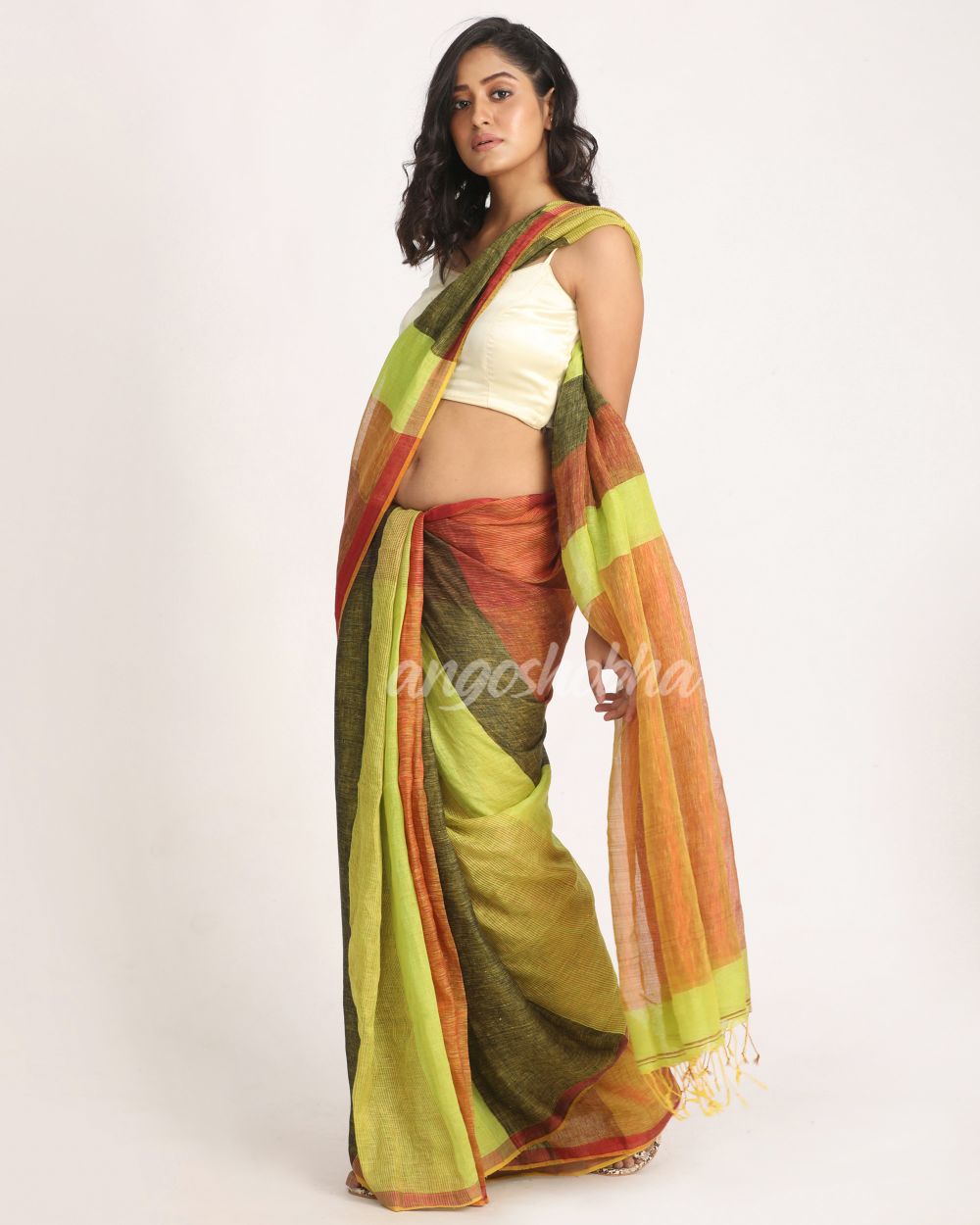 Lemon Black Traditional Handloom Check Linen Saree angoshobha