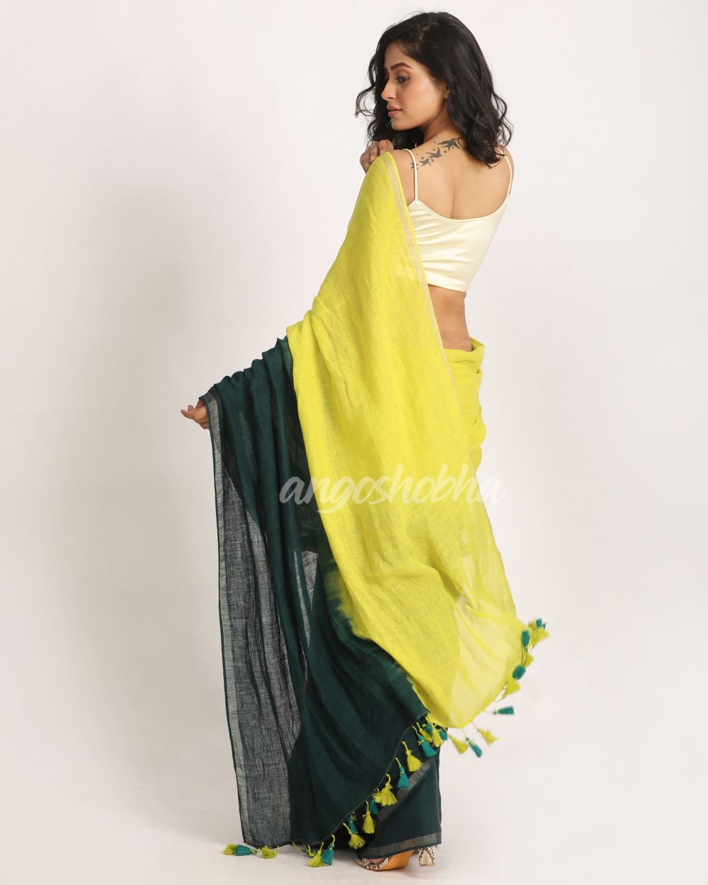 Lemon Dark GreenTraditional Handloom Linen Saree angoshobha